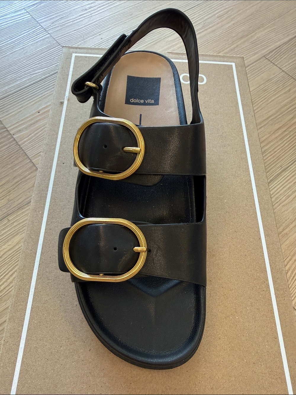 Dolce Vita Black Leather Sandal with Gold Buckles